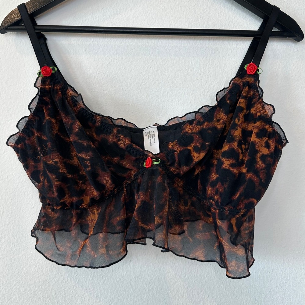 Parade Leopard Print Mesh Ruffle Crop Top Rose Applique Brown Black Large PR143T